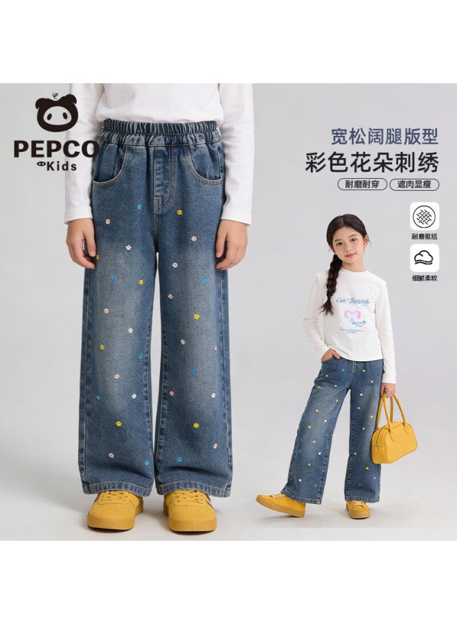 Pepco Girls' Spring Denim Jeans New Stylish Embroidered Casual Loose Wide-leg Pants For Children