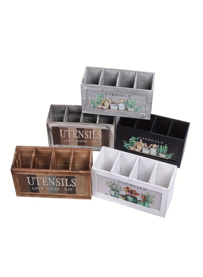 White Rustic Kitchen Utensil Holder Large Cutlery Storage Box Wood Organizer - Image 2