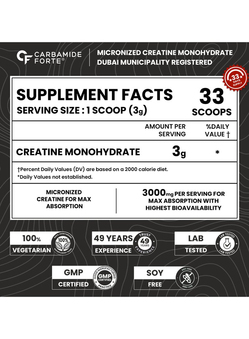 CARBAMIDE FORTE Monohydrate Creatine Powder Micronized Creatine Monohydrate 100gm- Unflavoured - 33 Servings - 100g - Image 2