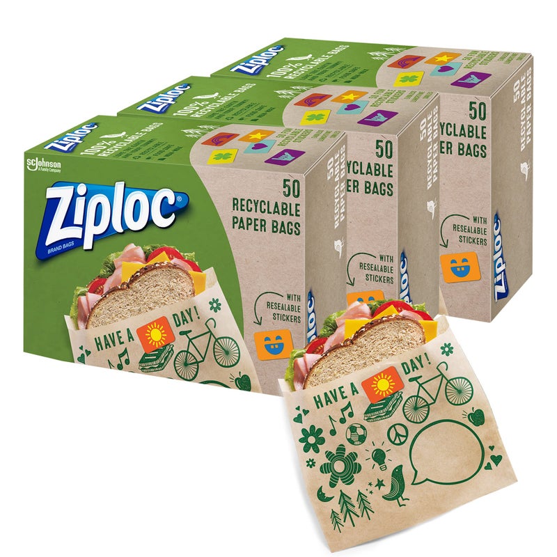 Ziploc Paper Sandwich and Snack Bags, Recyclable & Sealable with Fun Designs, 150 Bags Total - Image 1