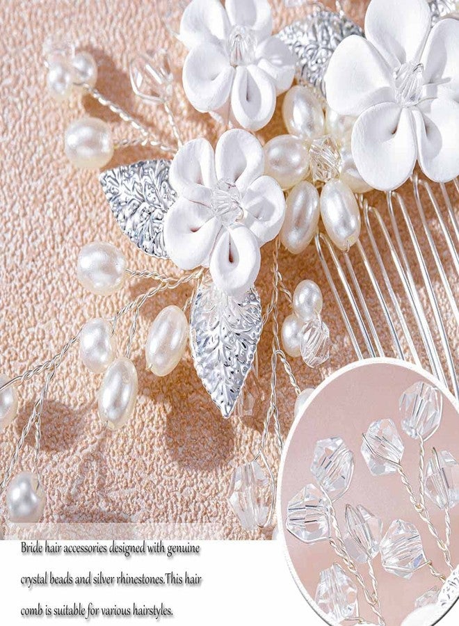 فويت مشط شعر زفاف من الكريستال فويت، قطعة رأس بيضاء مزينة بالزهور، قطعة شعر مرصعة بأحجار الراين، إكسسوارات شعر للعروس واللؤلؤ للنساء والعرائس (فضي) - Image 5