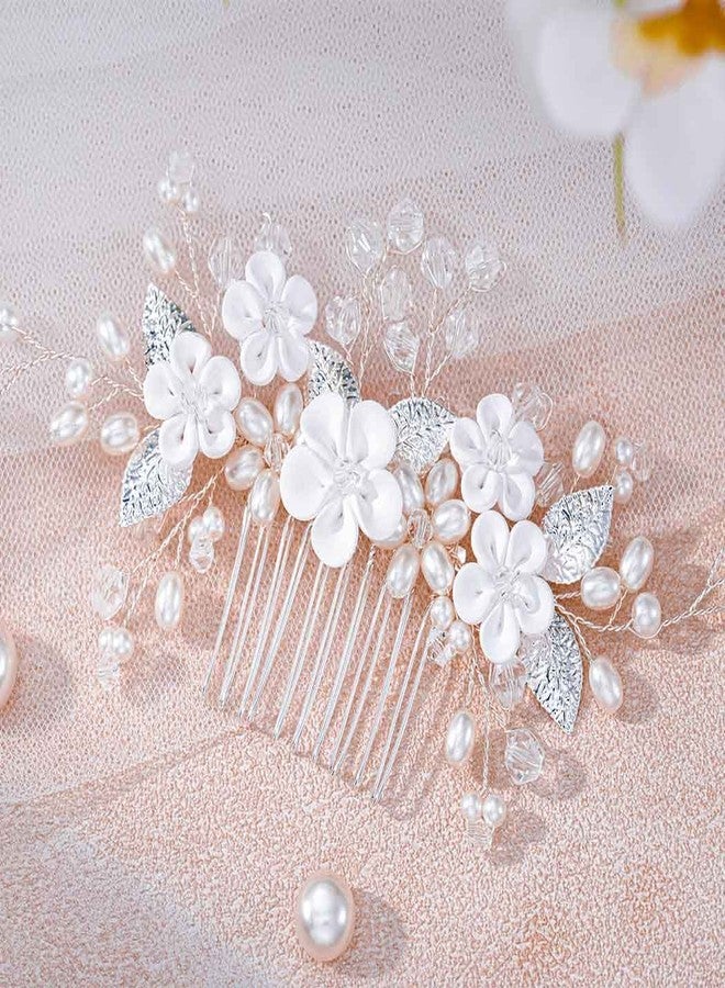فويت مشط شعر زفاف من الكريستال فويت، قطعة رأس بيضاء مزينة بالزهور، قطعة شعر مرصعة بأحجار الراين، إكسسوارات شعر للعروس واللؤلؤ للنساء والعرائس (فضي) - Image 2