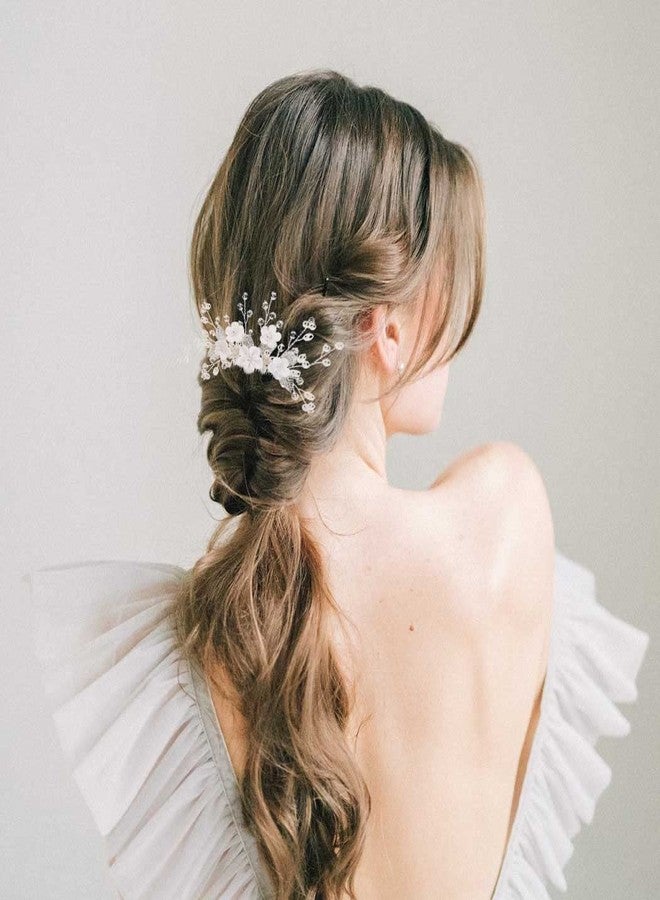 فويت مشط شعر زفاف من الكريستال فويت، قطعة رأس بيضاء مزينة بالزهور، قطعة شعر مرصعة بأحجار الراين، إكسسوارات شعر للعروس واللؤلؤ للنساء والعرائس (فضي) - Image 4