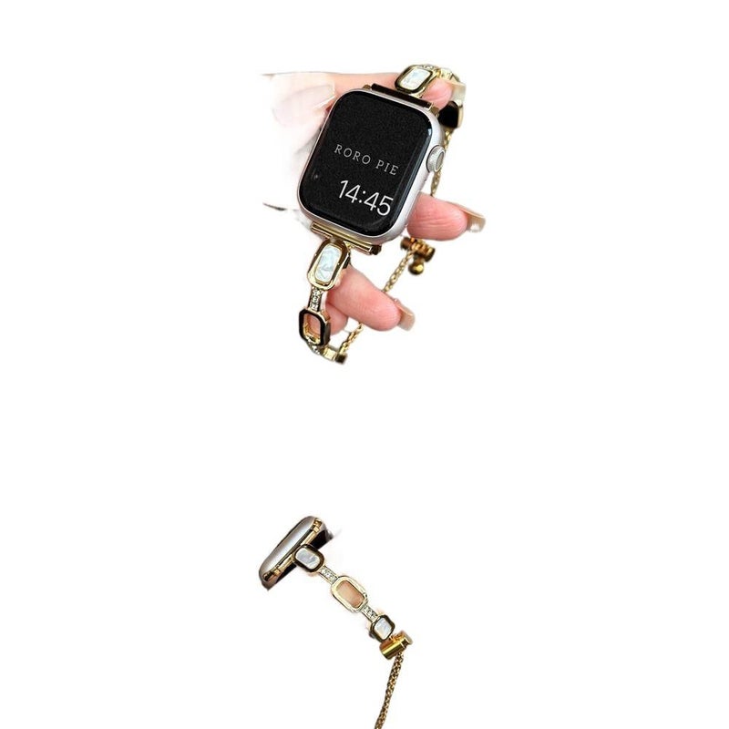 AD سوار ساعة ذكية سوار معدني من الستانلس ستيل متوافق مع Apple Watch بملاءمة قابلة للتعديل وحزام بديل بتصميم معدني أنيق باللون Gold قابل للتعديل باللون الذهبي - Image 2