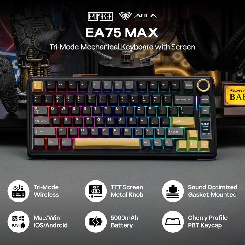 EPOMAKER X Aula EA75 MAX Wireless Gaming Keyboard with Screen & Knob, 5000mAh, Hot-Swap, Lubed Switches, RGB Backlit, Creamy Gasket, 75% Mechanical Keyboard(Black, Ice Vein Switch) - Image 2