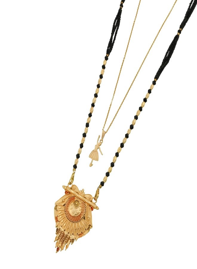 MALKYN Women's Gold Plated Ethnic Mangalsutra with Red and Black Enamel Work and Ballerina Pendant Layered Necklace Set, Traditional Black Beaded Indian Jewelry-MD-124 - Image 1