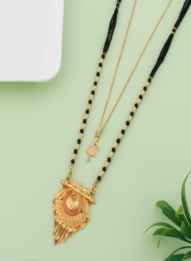 MALKYN Women's Gold Plated Ethnic Mangalsutra with Red and Black Enamel Work and Ballerina Pendant Layered Necklace Set, Traditional Black Beaded Indian Jewelry-MD-124 - Image 2