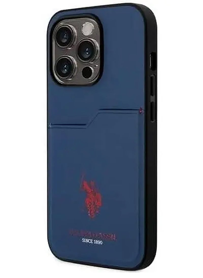 يو اس بولو غطاء صلب DH بفتحة بطاقة PU لهاتف iPhone 15 Pro - كحلي - Image 1