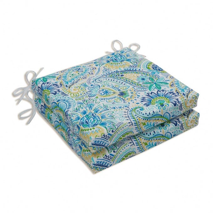 PAISLEY INDOOROUTDOOR SQUARE CORNER CHAIR SEAT CUSHION WITH TIES PLUSH FIBER FILL WEATHER AND FADE RESISTANT 20 X 20 BLUEYELLOW GILFORD 2 COUNT