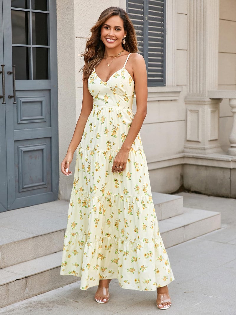 HTZMO Women Casual Summer Floral Maxi Sundress V Neck Spaghetti Strap Bow Tie Backless Flowy Boho Beach Long Dress 2026 Yellow Floral XS - Image 4
