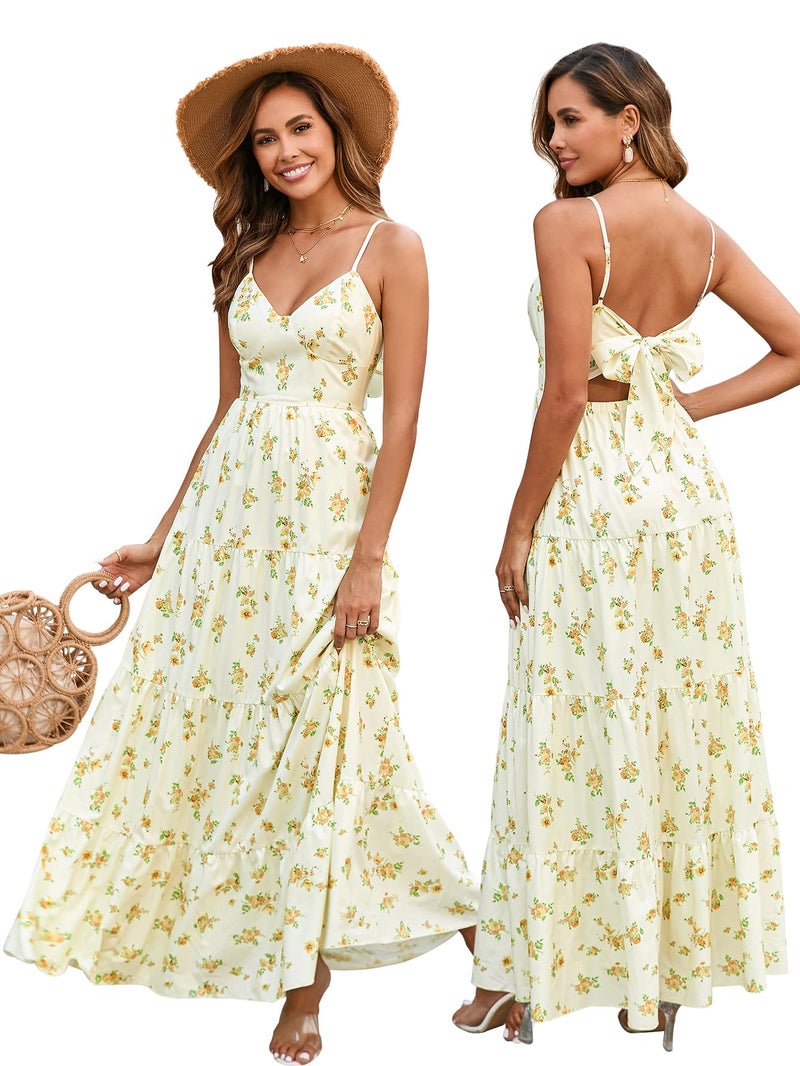 HTZMO Women Casual Summer Floral Maxi Sundress V Neck Spaghetti Strap Bow Tie Backless Flowy Boho Beach Long Dress 2026 Yellow Floral XS - Image 1