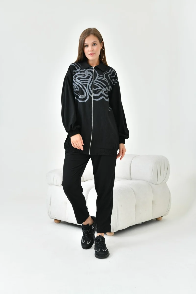 جارمي Women's Printed Stone Detail Set Black