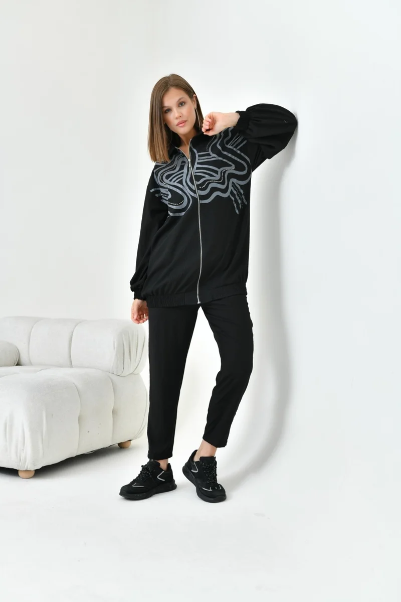 جارمي Women's Printed Stone Detail Set Black