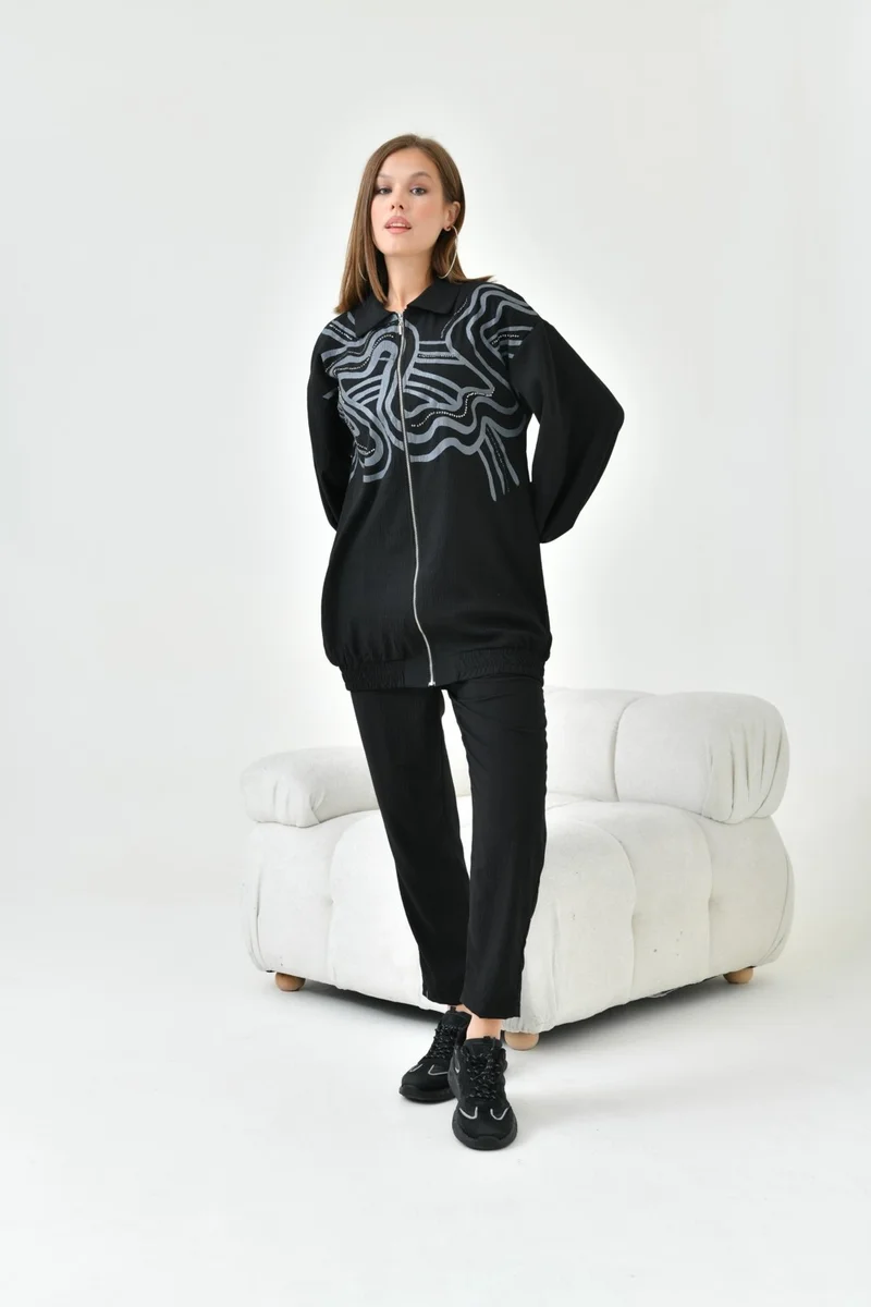 جارمي Women's Printed Stone Detail Set Black