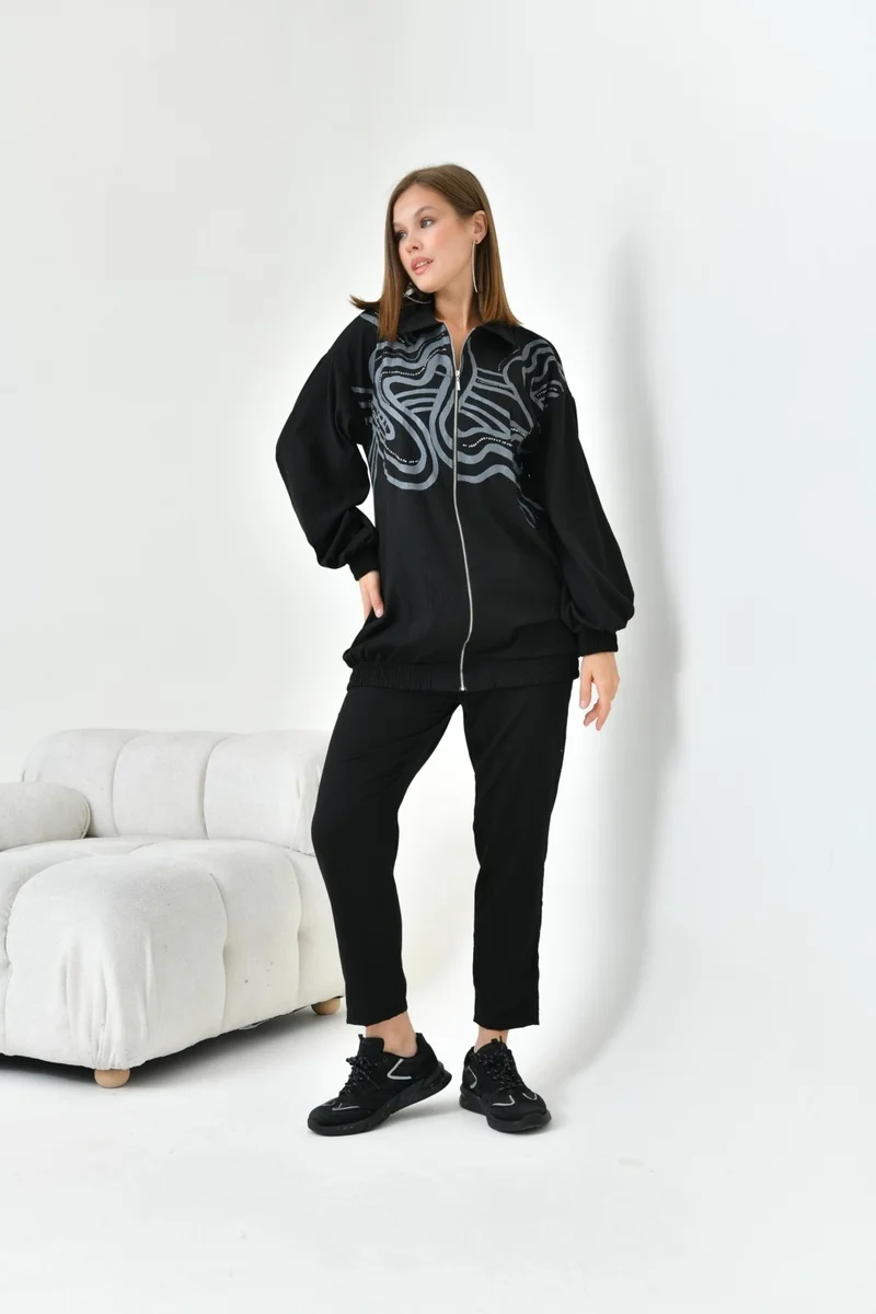 جارمي Women's Printed Stone Detail Set Black