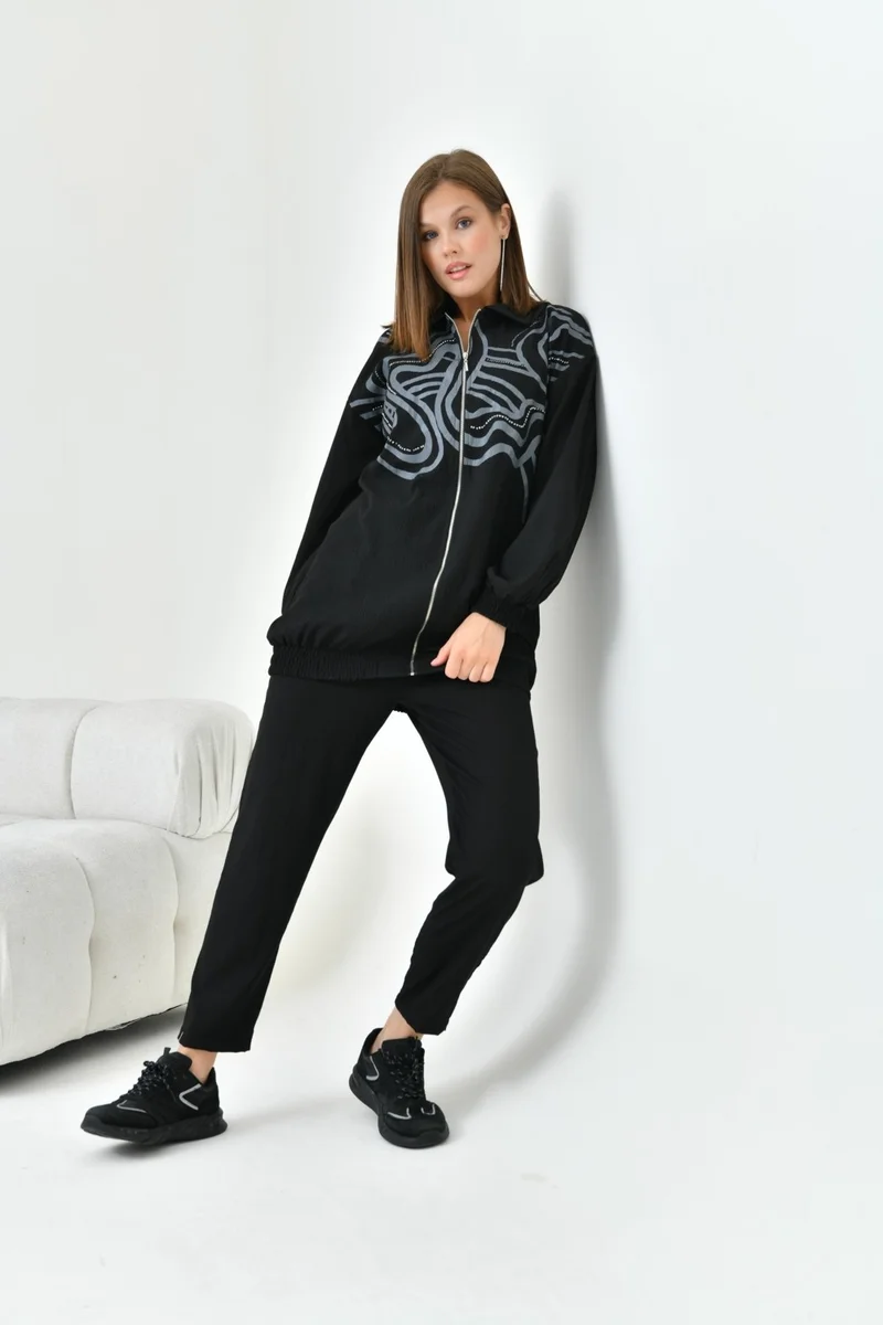 جارمي Women's Printed Stone Detail Set Black