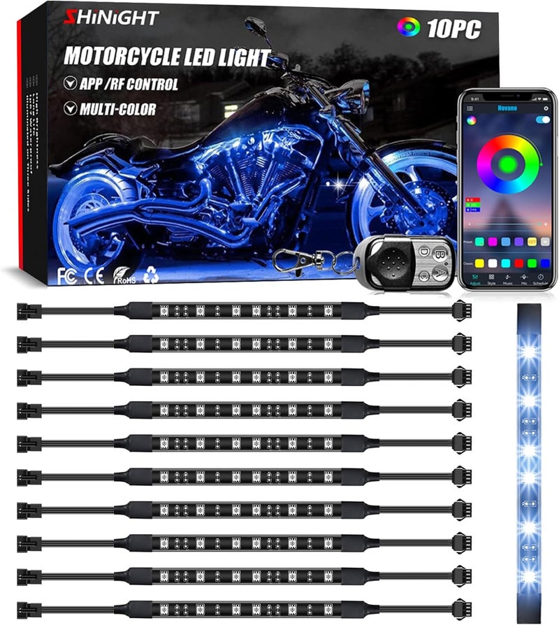 SHINIGHT 10 Pcs Motorcycle LED Light Kits, App Control Multicolor Waterproof Motorcycle LED Strip Lights with RF Remote, Music Sync & Multiple Scene Modes RGB LED Lights for Motorcycles, black - Image 1