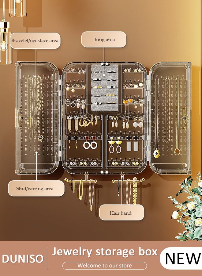 DUNISO Wall Mounted Jewelry Organizer, Self-Adhesive No Drilling Transparent Jewelry Storage Cabinet, Earrings, necklaces, bracelets, rings Display Rack for Bathroom Bedroom Dresser (Grey) - Image 1