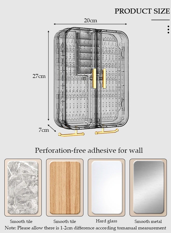 DUNISO Wall Mounted Jewelry Organizer, Self-Adhesive No Drilling Transparent Jewelry Storage Cabinet, Earrings, necklaces, bracelets, rings Display Rack for Bathroom Bedroom Dresser (Grey) - Image 2
