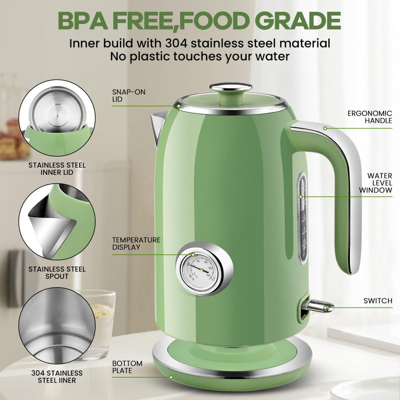 Pukomc Electric Kettle,1.7L Stainless Steel Electric tea kettle with Temperature Gauge, Fast Boiling, Auto Shut - off, BPA - Free, Boil - Dry Protection, (Retro Green) - Image 2