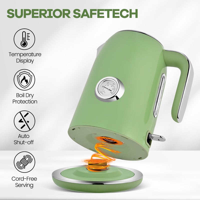 Pukomc Electric Kettle,1.7L Stainless Steel Electric tea kettle with Temperature Gauge, Fast Boiling, Auto Shut - off, BPA - Free, Boil - Dry Protection, (Retro Green) - Image 3