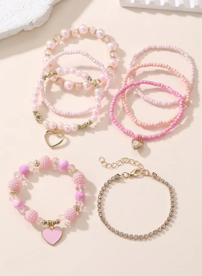 Take Two  Pack of 8 - Girls Multi-Color Beaded Bracelets with Heart Charms for Women | Best Price UAE