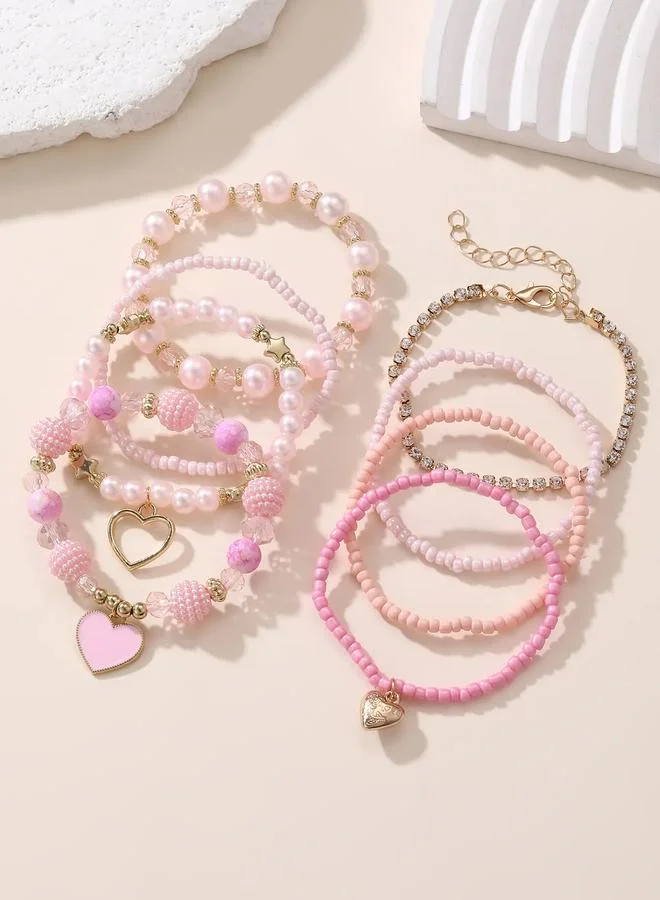 Take Two  Pack of 8 - Girls Multi-Color Beaded Bracelets with Heart Charms for Women | Best Price UAE