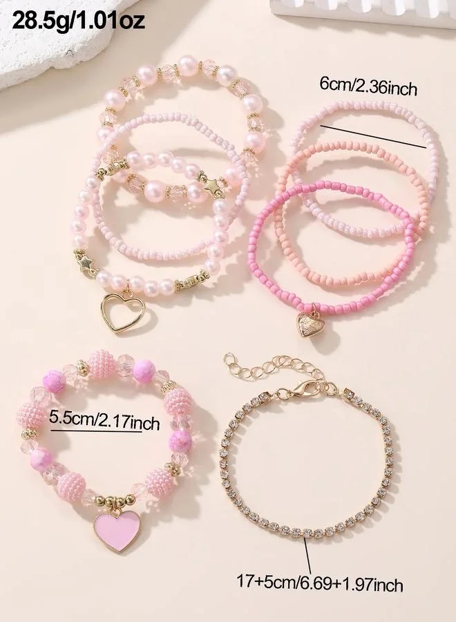 Take Two  Pack of 8 - Girls Multi-Color Beaded Bracelets with Heart Charms for Women | Best Price UAE