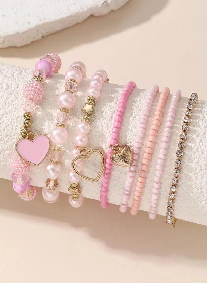 Pack of 8 - Girls Multi-Color Beaded Bracelets with Heart Charms