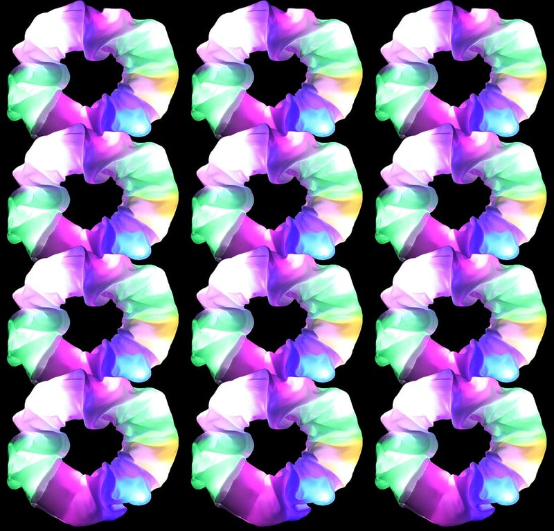 12PCS LED Hair Scrunchies Light Up White ScrunchiesSatin Ponytail Holder Glow in the Dark Hair Accessories Neon Rave Party Supplies