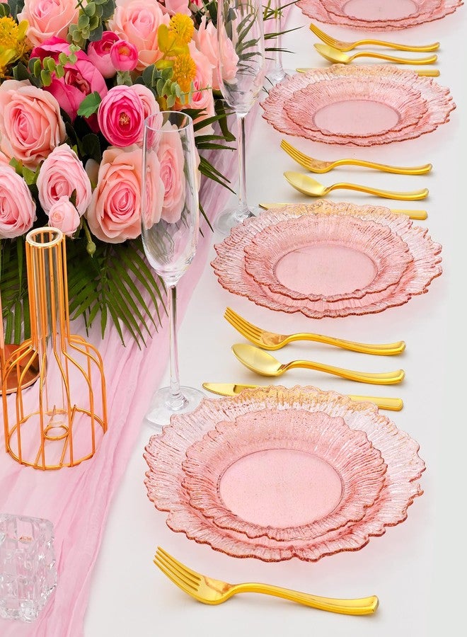 ISFANGCO 60Pcs Premium Pink Floral Plastic Plates, Fancy Clear Glitter Pink Disposable Plate, Heavy Duty Plastic Plates Set include 30 10" Dinner & 30 7.5" Dessert Plates for Party & Wedding - Image 3