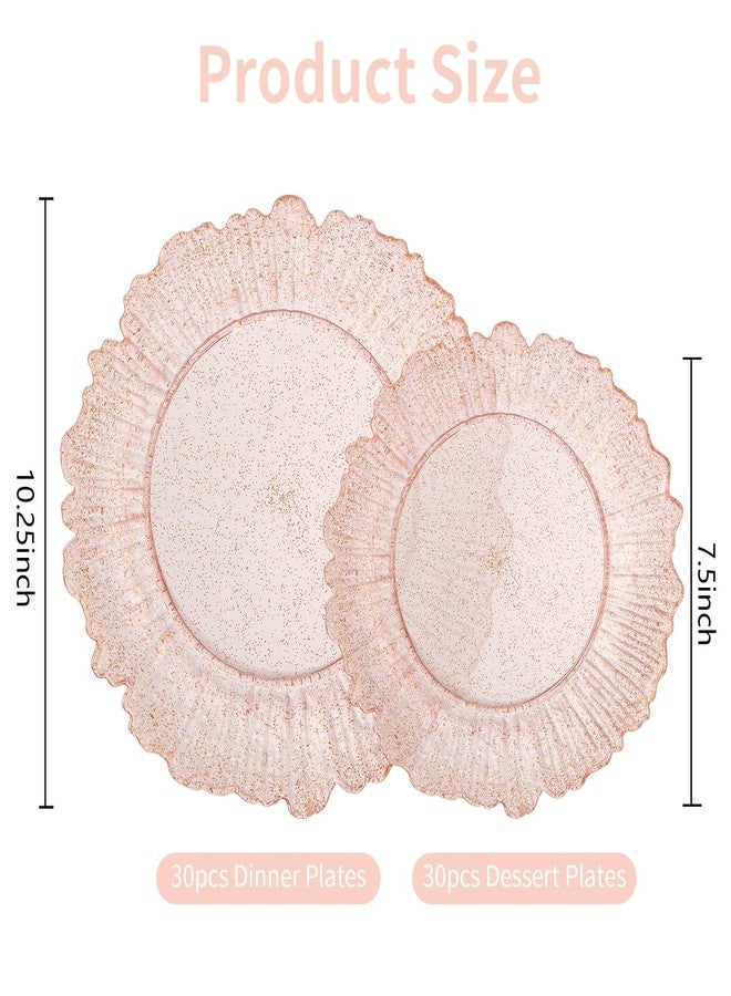 ISFANGCO 60Pcs Premium Pink Floral Plastic Plates, Fancy Clear Glitter Pink Disposable Plate, Heavy Duty Plastic Plates Set include 30 10" Dinner & 30 7.5" Dessert Plates for Party & Wedding - Image 2