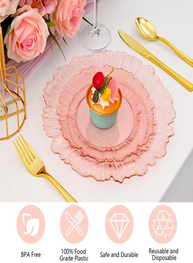 ISFANGCO 60Pcs Premium Pink Floral Plastic Plates, Fancy Clear Glitter Pink Disposable Plate, Heavy Duty Plastic Plates Set include 30 10" Dinner & 30 7.5" Dessert Plates for Party & Wedding - Image 4
