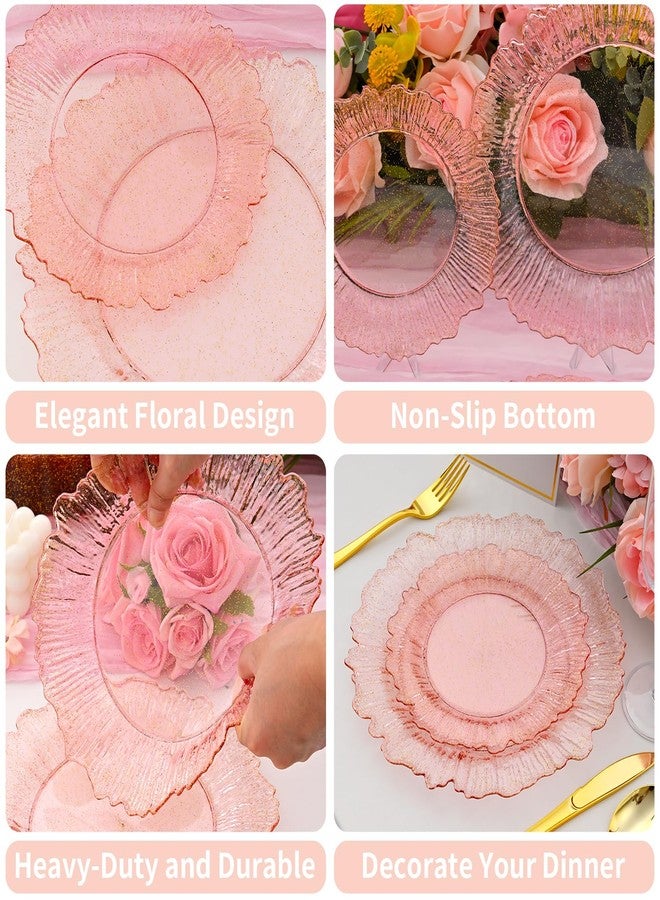 ISFANGCO 60Pcs Premium Pink Floral Plastic Plates, Fancy Clear Glitter Pink Disposable Plate, Heavy Duty Plastic Plates Set include 30 10" Dinner & 30 7.5" Dessert Plates for Party & Wedding - Image 5