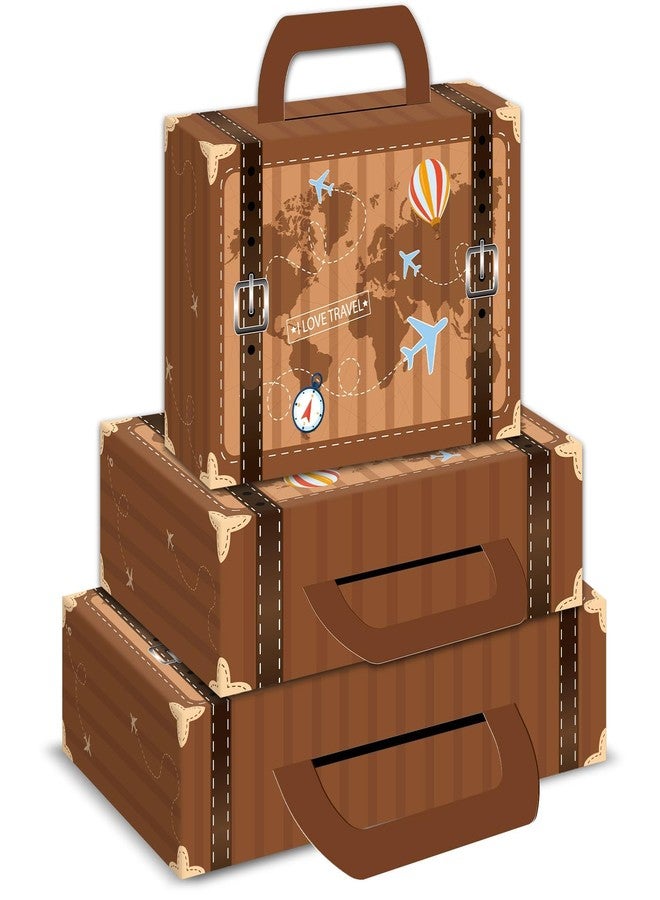 Wiooffen 6Pcs Large Vintage Travel Theme Party Decorations Paperboard Suitcase Gift Box Set of 3 Sizes Decorative Stackable Storage Chests for Travel Party Birthday Wedding Photo Booth Supplies Brown - Image 1