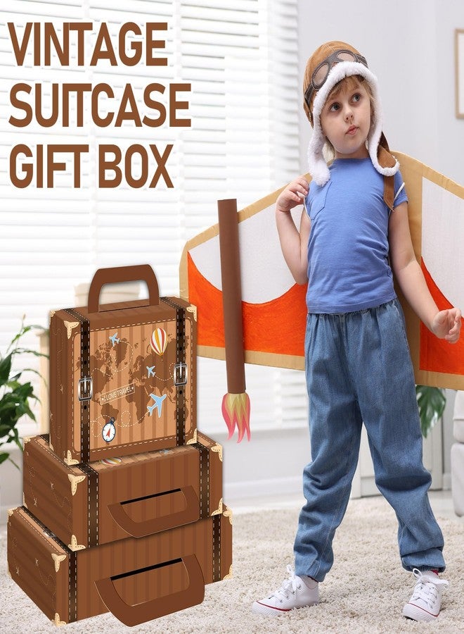 Wiooffen 6Pcs Large Vintage Travel Theme Party Decorations Paperboard Suitcase Gift Box Set of 3 Sizes Decorative Stackable Storage Chests for Travel Party Birthday Wedding Photo Booth Supplies Brown - Image 5