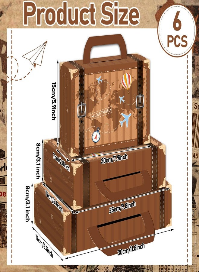 Wiooffen 6Pcs Large Vintage Travel Theme Party Decorations Paperboard Suitcase Gift Box Set of 3 Sizes Decorative Stackable Storage Chests for Travel Party Birthday Wedding Photo Booth Supplies Brown - Image 2