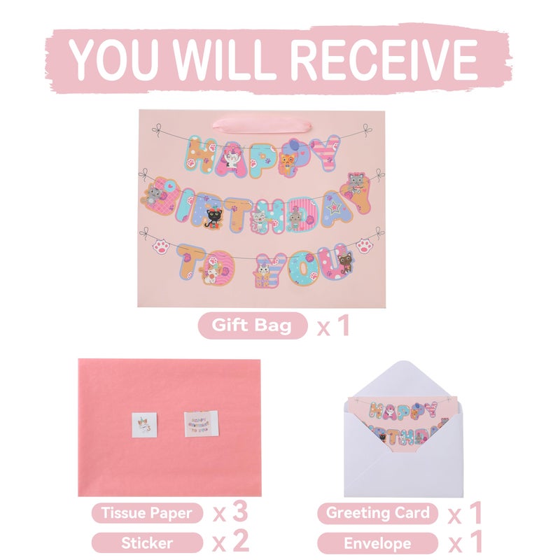 wishinside 13â€ Large Cat Happy Birthday Gift Bag Set with Handles, Greeting Card, Pink Tissue Papers and Stickers for Girls Kids Teens Women, Kitty-themed Banner Design, 1 Pcs - Image 3