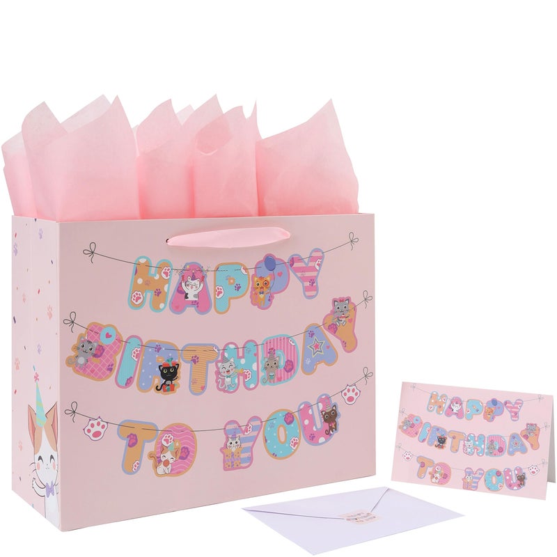 wishinside 13â€ Large Cat Happy Birthday Gift Bag Set with Handles, Greeting Card, Pink Tissue Papers and Stickers for Girls Kids Teens Women, Kitty-themed Banner Design, 1 Pcs - Image 1