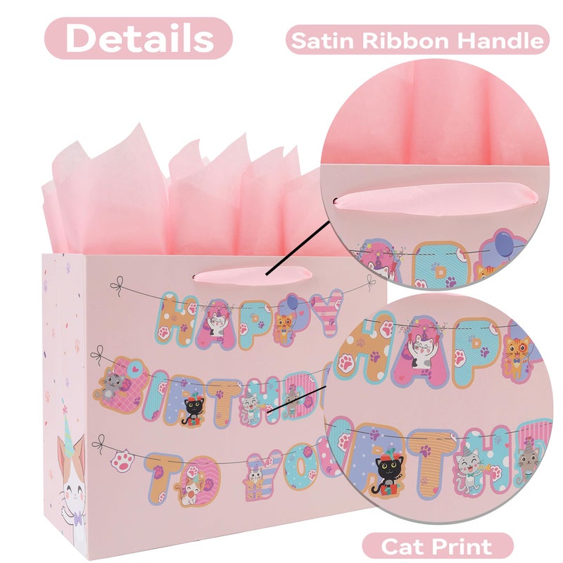 wishinside 13â€ Large Cat Happy Birthday Gift Bag Set with Handles, Greeting Card, Pink Tissue Papers and Stickers for Girls Kids Teens Women, Kitty-themed Banner Design, 1 Pcs - Image 4