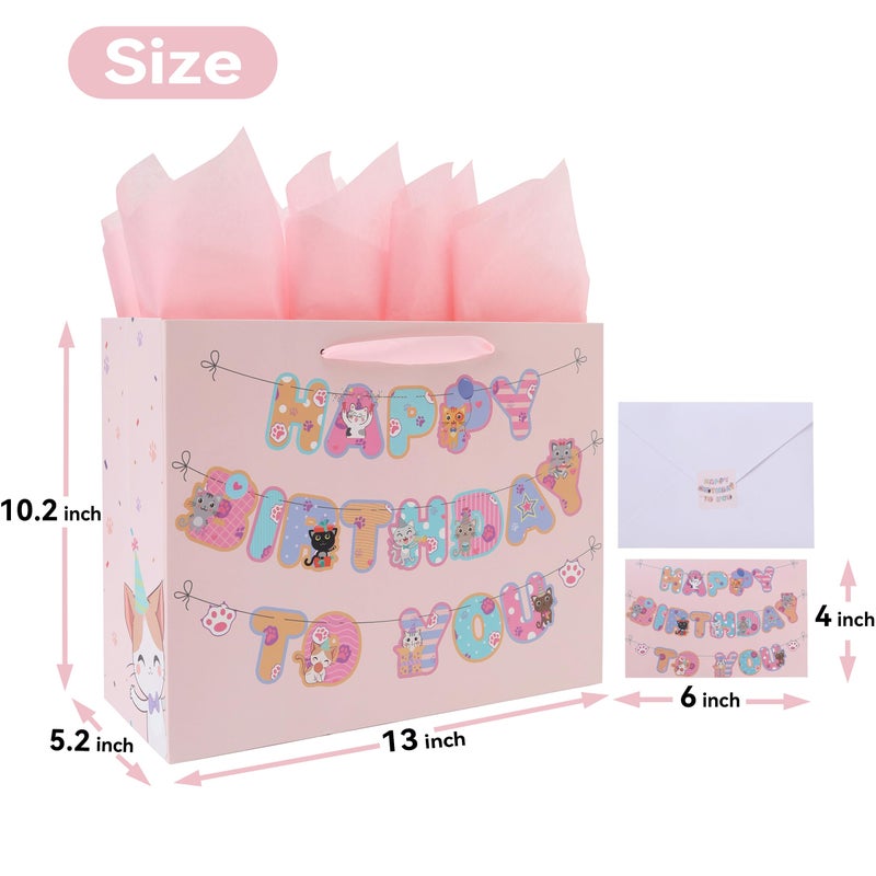 wishinside 13â€ Large Cat Happy Birthday Gift Bag Set with Handles, Greeting Card, Pink Tissue Papers and Stickers for Girls Kids Teens Women, Kitty-themed Banner Design, 1 Pcs - Image 2