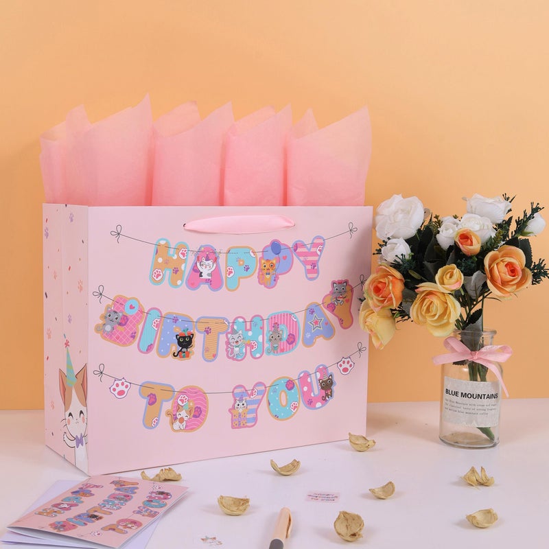 wishinside 13â€ Large Cat Happy Birthday Gift Bag Set with Handles, Greeting Card, Pink Tissue Papers and Stickers for Girls Kids Teens Women, Kitty-themed Banner Design, 1 Pcs - Image 5