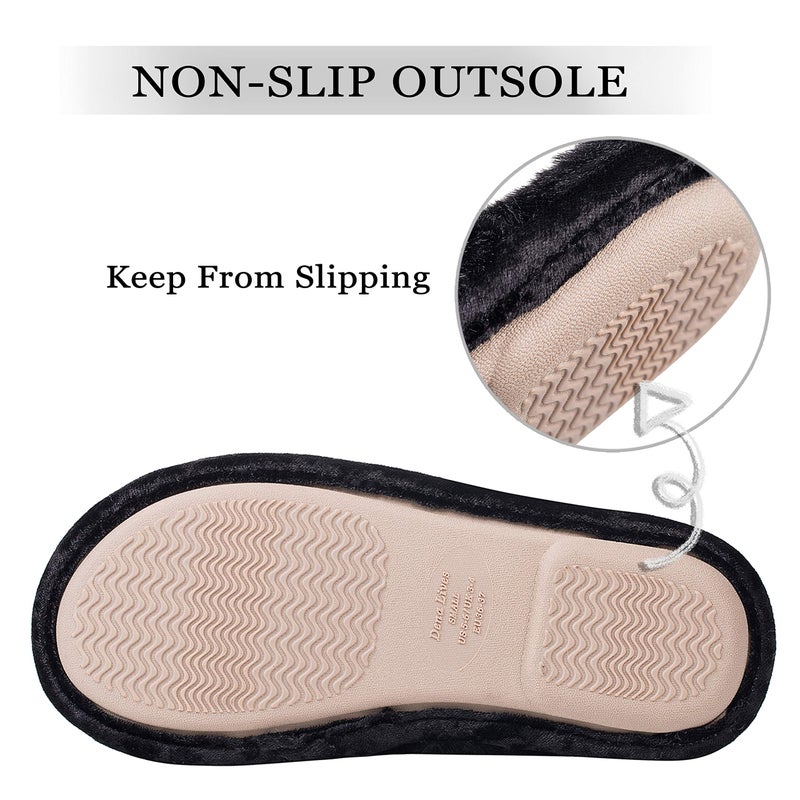 DL Womens Fluffy Velvet Slip on Scuff Slippers for Women Indoor, Warm Furry Ladies Bedroom Slippers with Non Slip Outsole Black - Image 5