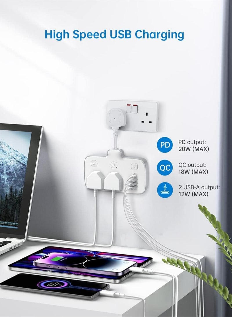 Luckam Multi Plug Extension With USB 2 Way Extension Lead Power Socket Plug With 4 USB D Fast Charger Total 20W Max 2500W Multi Wall power Adaptor 6 in 1 for Home Office Kitchen Travel - Image 3