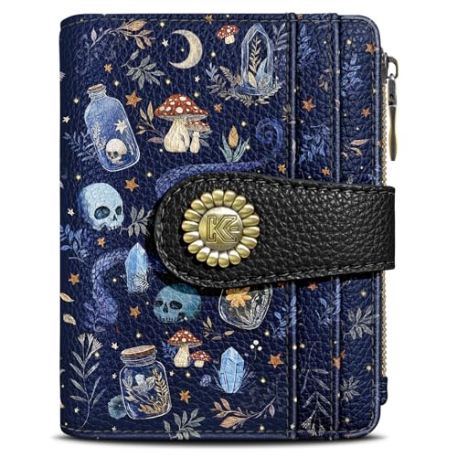 Kelvoris Skull Mushroom Snake Night Small Rfid Women Wallet Bifold Zipper Coin Pocket PU Leather Compact Cash Credit Card Holder Travel Wallet for Female Ladies Teen Girls 1 ID Window 10 Card Slots - Image 1