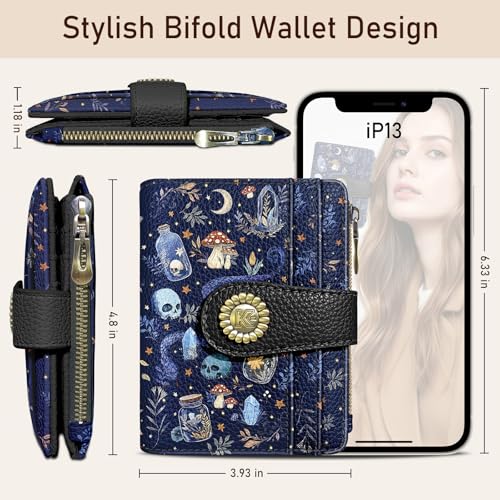 Kelvoris Skull Mushroom Snake Night Small Rfid Women Wallet Bifold Zipper Coin Pocket PU Leather Compact Cash Credit Card Holder Travel Wallet for Female Ladies Teen Girls 1 ID Window 10 Card Slots - Image 5