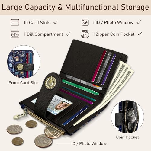 Kelvoris Skull Mushroom Snake Night Small Rfid Women Wallet Bifold Zipper Coin Pocket PU Leather Compact Cash Credit Card Holder Travel Wallet for Female Ladies Teen Girls 1 ID Window 10 Card Slots - Image 4