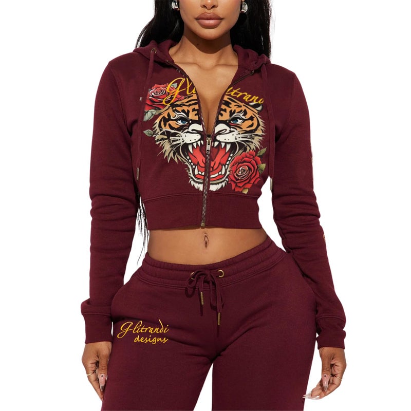 Glitrandi Womens 2 Piece Outfits Fashion Print Cropped Hoodies Jacket Sweatpants With Pockets Tracksuit For Women - Image 2