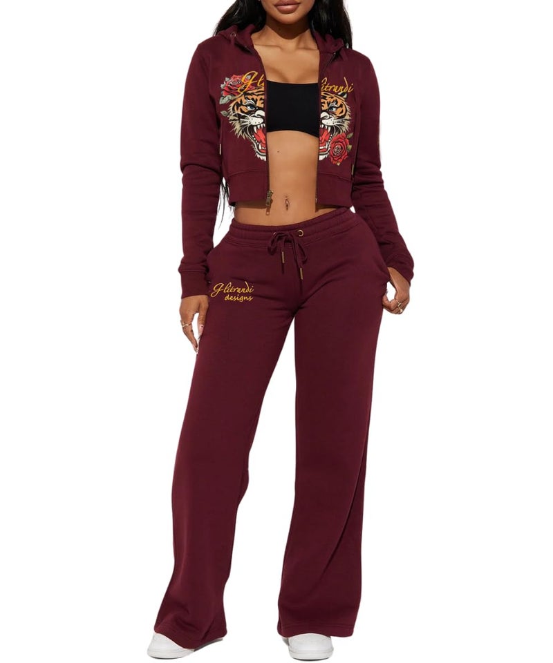 Glitrandi Womens 2 Piece Outfits Fashion Print Cropped Hoodies Jacket Sweatpants With Pockets Tracksuit For Women - Image 1