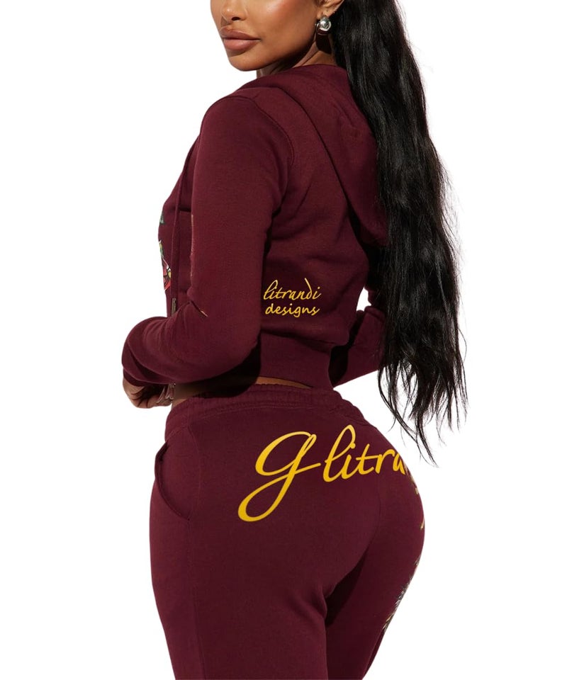 Glitrandi Womens 2 Piece Outfits Fashion Print Cropped Hoodies Jacket Sweatpants With Pockets Tracksuit For Women - Image 3